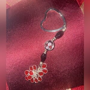 Red Heart Shaped Keychain With Red Stones Charms and Beads